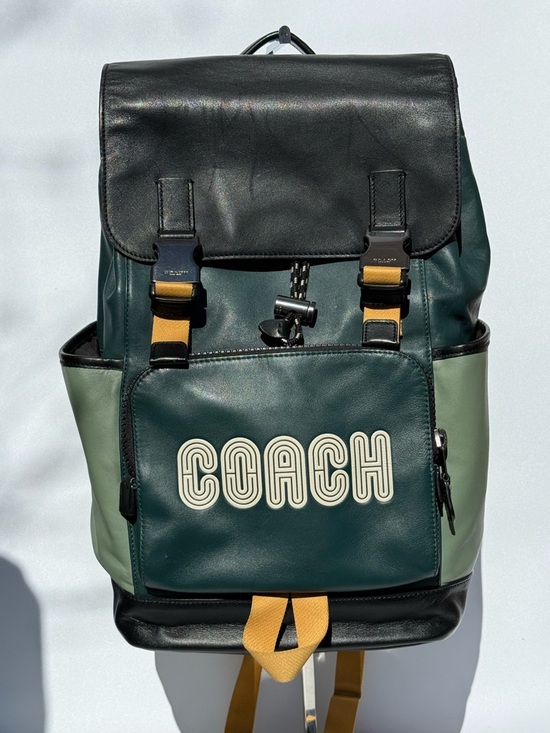 Coach Handbags - Coach Unisex Coach Track Leather Backpack Green, Black and goldenrod.